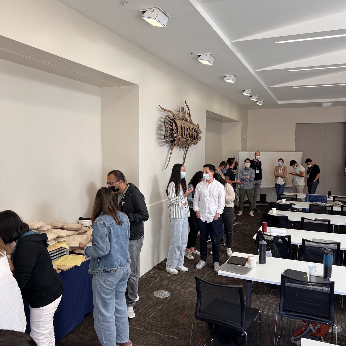 auffhammer's tweet photo. The line of folks trying to talk to Meredith Fowlie at ⁦@SloanFoundation⁩ ⁦@energyathaas⁩ Summer school after a 3 hour lecture is longer than the line for food. These young scholars recognize what’s important! https://t.co/V5e7dxFwVX