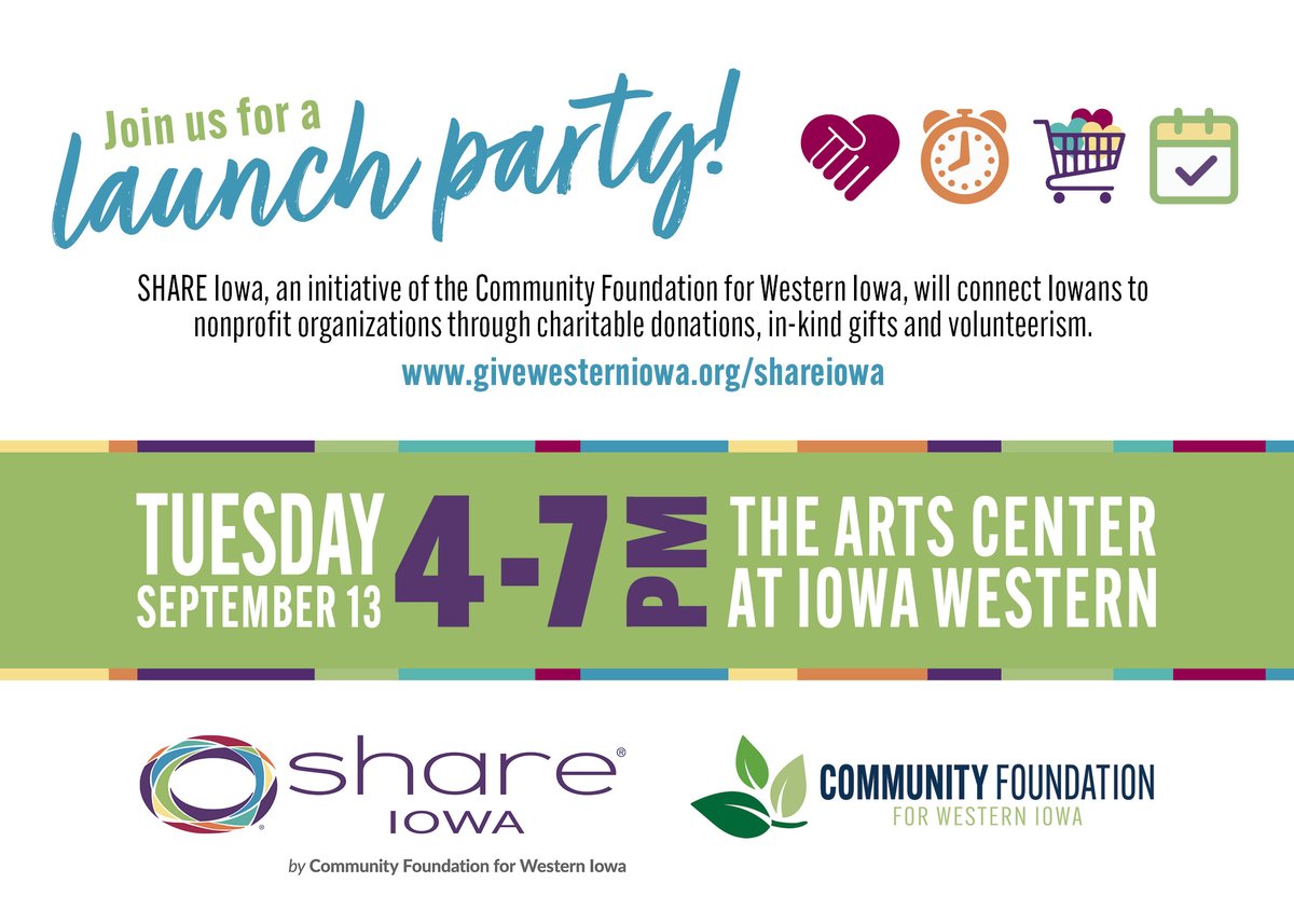 🎉 You're invited to our SHARE Iowa launch party! 🥳 
Join us for live music, networking, tacos and more!

Tuesday, September 13 | 4:00pm - 7:00pm
Arts Center at Iowa Western

For a full list of event details, sponsors, and how to RSVP, visit: bit.ly/shareiowa-laun…