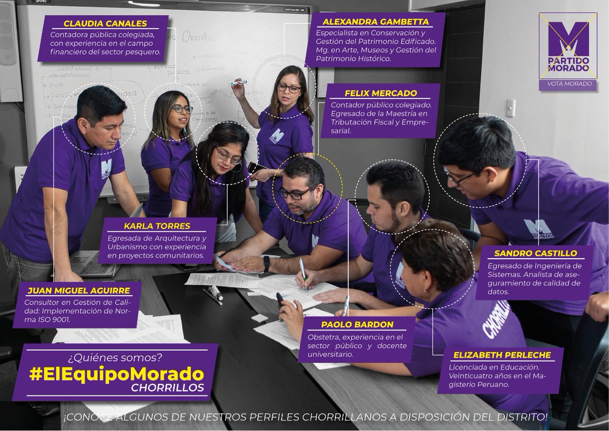Karla_Ste's tweet photo. Así como en todas sus bases, el Partido Morado en Chorrillos no postula a una "figura", si no a un equipo 💜. Conoce un poco de nuestros campos de acción en este post, pero conócenos de verdad conversando con nosotros en las calles. 🤝🏼 https://t.co/nJRHSyuAGi