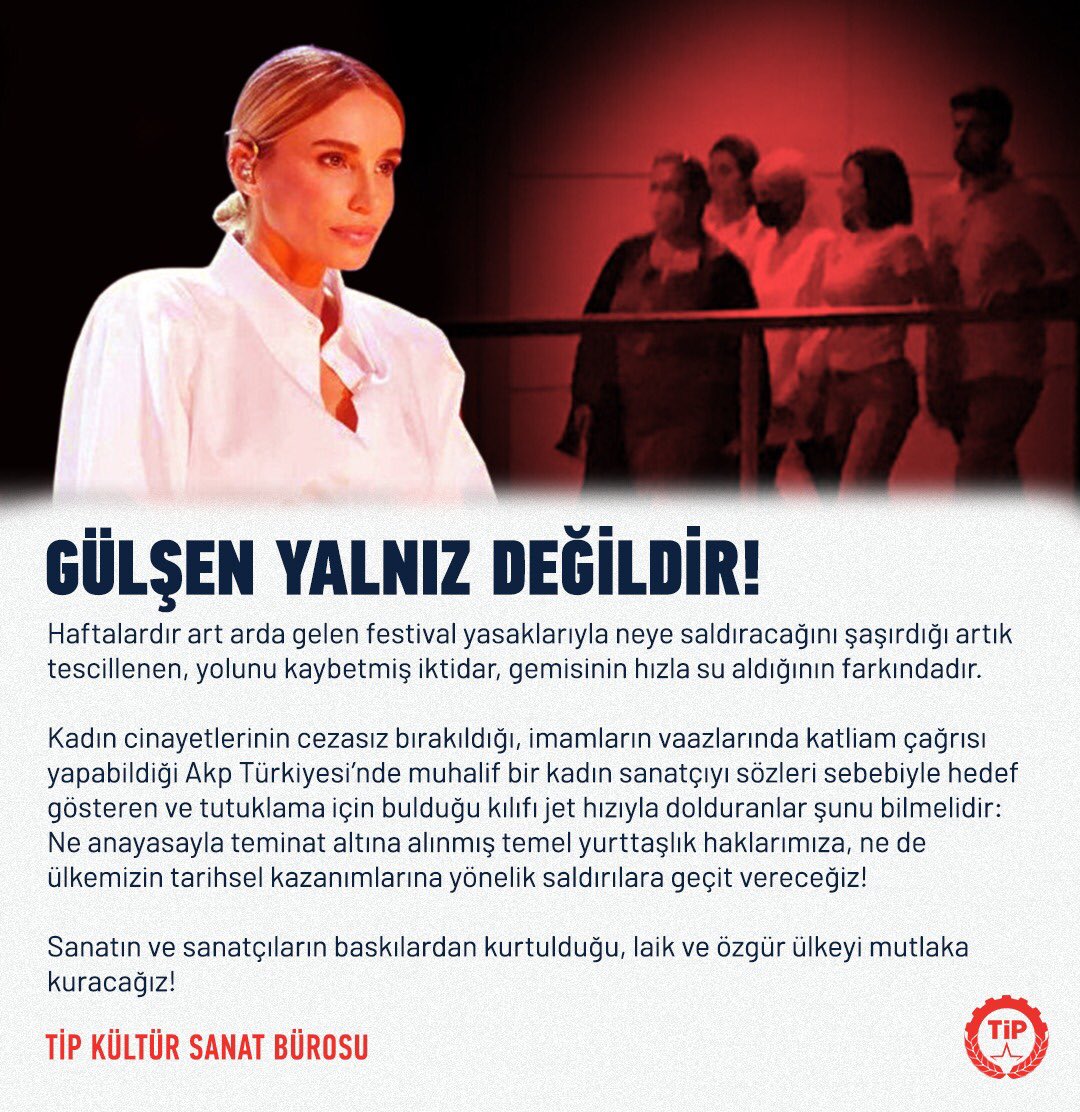 TipKulturSanat's tweet photo. Sanatın ve sanatçıların baskılardan kurtulduğu, laik ve özgür ülkeyi mutlaka kuracağız!

Gülşen Yalnız Değildir! https://t.co/lxfOcsJtIV