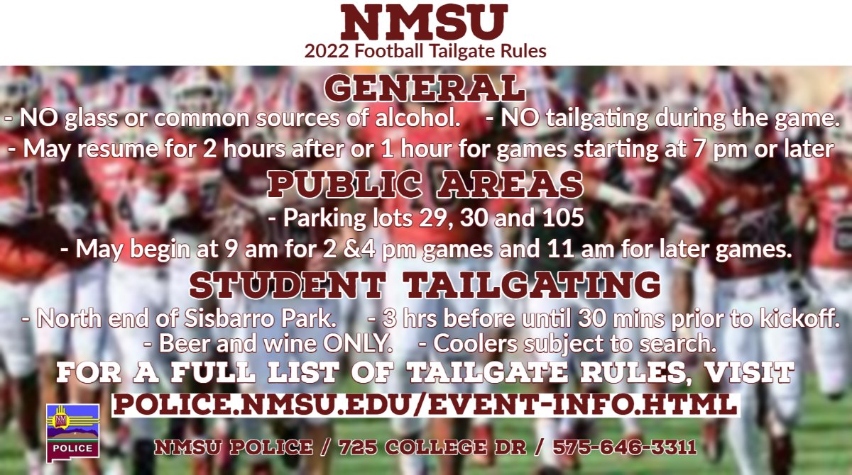 NMSUPolice's tweet photo. Football season is finally here! If you plan on tailgating, please be sure to brush up on the rules and be safe! #GoAggies https://t.co/KAtnL49Pyk