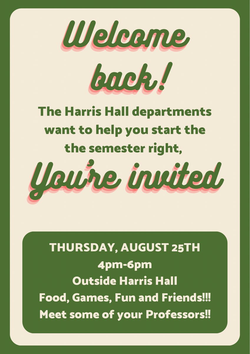 Marshallpsych's tweet photo. Don’t forget about today’s Welcome Back event outside of Harris Hall from 4-6pm! We’re hosting a cookout with hotdogs, snacks, and beverages. It’s a great opportunity to meet some of your professors who work in Harris Hall. Looking forward to seeing many of you all soon! https://t.co/K7E9pHfW45