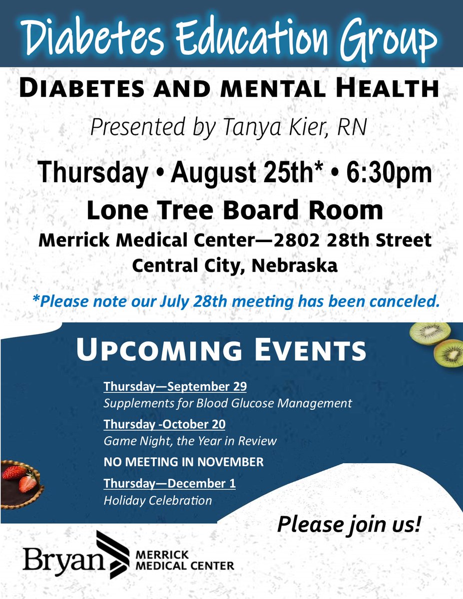 MerrickMedical's tweet photo. Join our diabetes educator, Tanya Kier, RN tonight as she discusses Diabetes and Mental Health.
#knowthewayshowtheway https://t.co/x20hpdk5NU