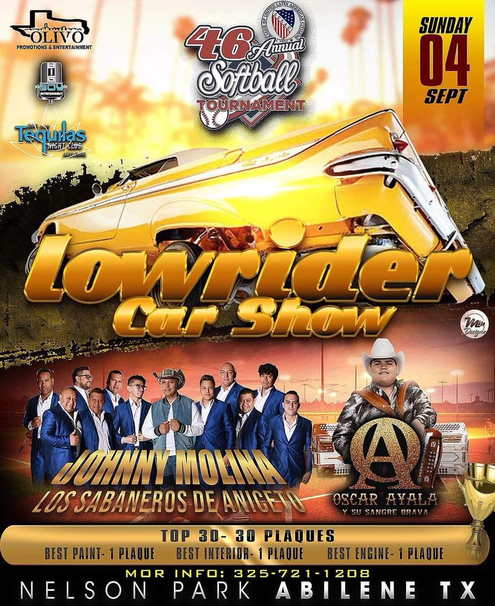 lavoz933's tweet photo. ***Abilene,TX/46th Annual LULAC Softball Tournament***
LULAC is getting ready for the 46th Annual LULAC Softball Tournament Carshow happening at Nelson Park on Sunday Sept 4, 2022, everyone is welcome! For information and early entry call 325-721-1208!
#LAVOZ933 https://t.co/xupL9yKdgx