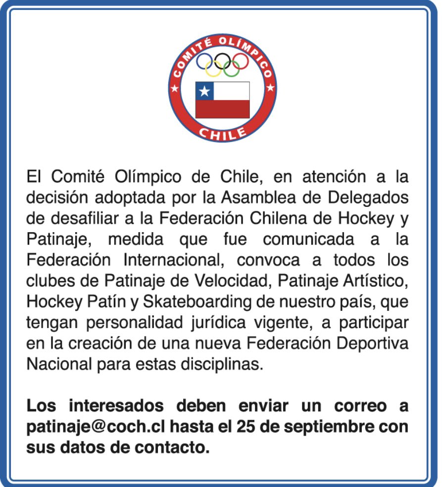 COCH_cl's tweet photo. Publicación oficial con respecto a la decisión de la Asamblea de Delegados del COCH sobre la desafiliación de la Federación Chilena de Hockey y Patinaje.

https://t.co/QZ6exOtEBw https://t.co/Sfg6j5qtJT