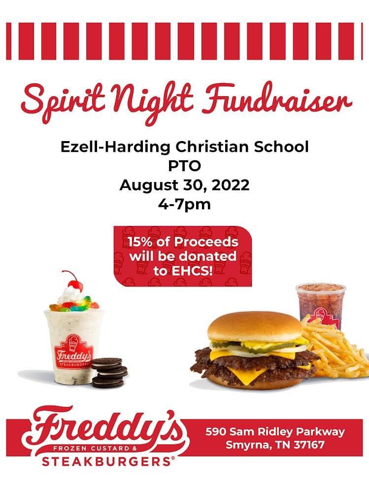 Everyone loves ice cream! Come out and support the EHCS PTO for a Spirit Night raising money for the Lower School Art Department.

Come in to the Freddy's at 590 Sam Ridley in Smyrna on Tuesday, August 30th between 4:00pm and 7:00pm. 15% of proceeds will be donated to EHCS.