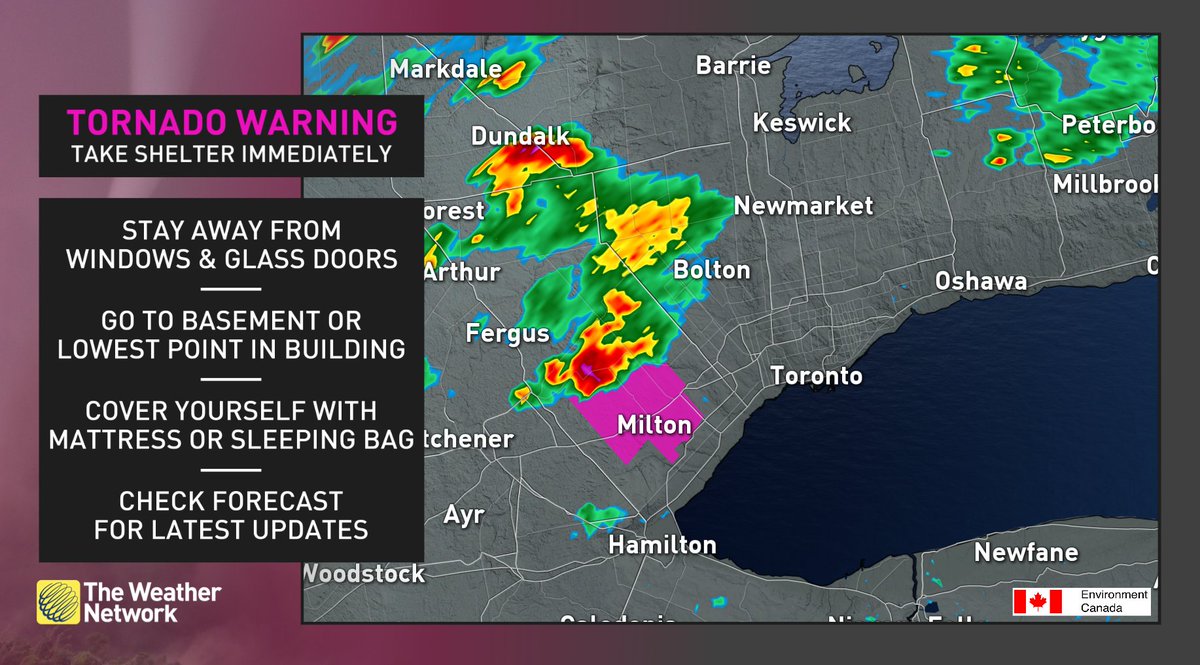 weathernetwork's tweet photo. A TORNADO WARNING has been issued for:

Halton Hills - Milton, Ontario 

#ONStorm #ONwx https://t.co/gpGI8ik0ol