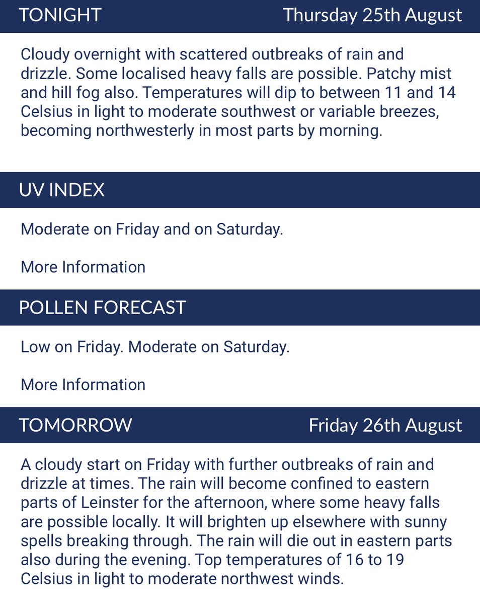 WEATHER: Outlook for tonight &amp; tomorrow (Friday 26th August) via Met Éireann. Lowest overnight temperatures of between 11 and 14 degrees.

#Leinster #MLNWeather