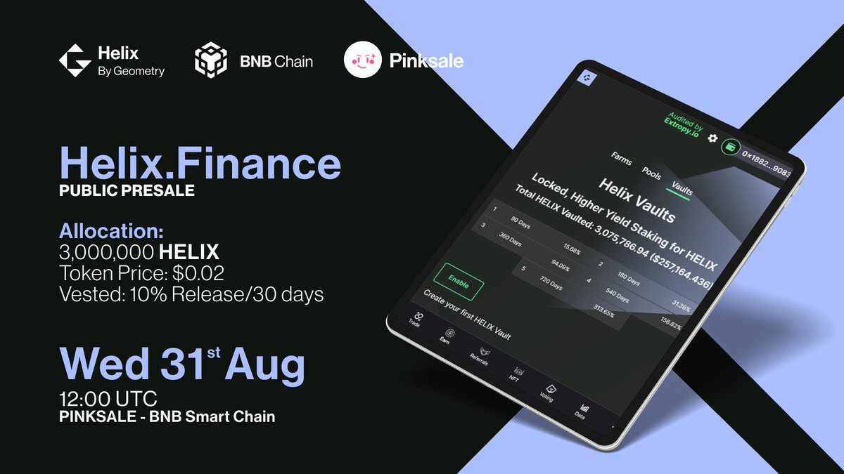 HelixGeometry's tweet photo. $Helix💎#Presale on August 31st! #PINKSALE 

SC- HC: 100BNB - 200BNB
Min/Max: 0.01BNB/200 BNB
https://t.co/YX20rnLvFF

 ✅Live Platform https://t.co/CipEMH7mfA
 ✅Multichain AMM
 ✅Audit
 ✅No Tax
  🔥High APR #Staking Farms &amp; Vaults

#bscgems #100xgem #BSCNews #BSCGemAlert #BNB https://t.co/Jt8rPBZzcO