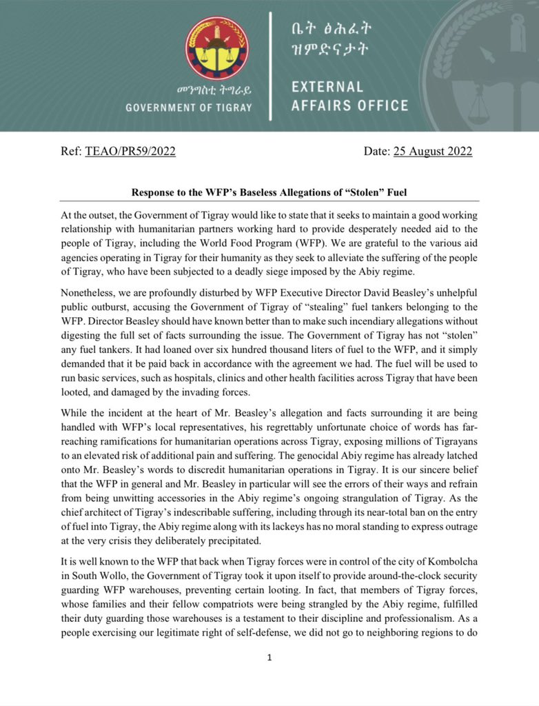 GaroweOnline's tweet photo. .@TigrayEAO issued a statement saying that the WFP's accusation is Baseless Allegations of "Stolen" Fuel. #Ethiopia #Tigray https://t.co/UjPb67RW88