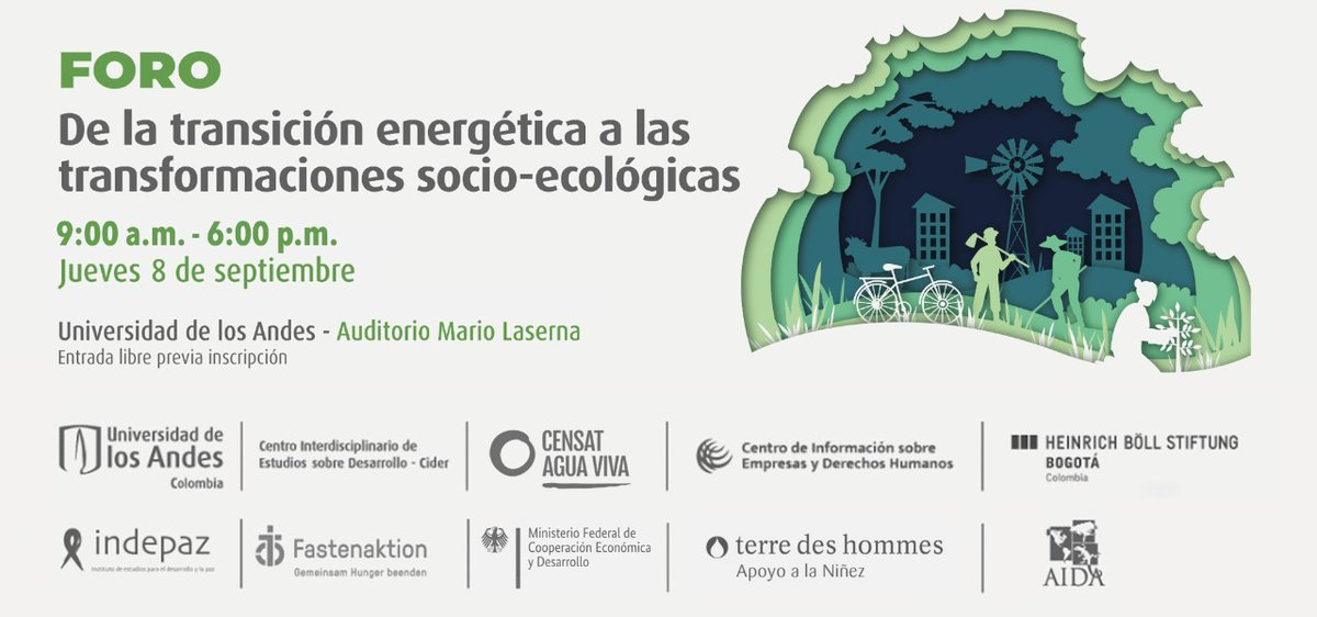 CensatAguaViva's tweet photo. 🗓Acompáñanos a conversar sobre uno de los mayores retos de nuestro presente, en el foro "De la transición energética a las transformaciones socio-ecológicas"
📌Entrada libre previa inscripción👉🏽https://t.co/UXU2GNup9O @CiderUniandes @BoellColombia @Indepaz @LatamTdh @Aidaespanol https://t.co/kufMWXVkLZ