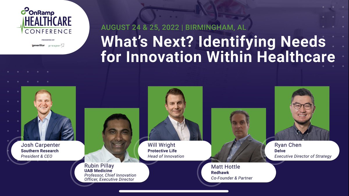 #OnRampHC panel of experts discussing the needs for #innovation within #healthcare. Thank you to sponsors <a href="/SoResearchNews/">Southern Research</a> <a href="/uabmedicine/">UAB Medicine</a> <a href="/ProtectiveLife/">Protective Life</a> @MattRedhawk and Delve for the knowledge sharing and partnership. #startups