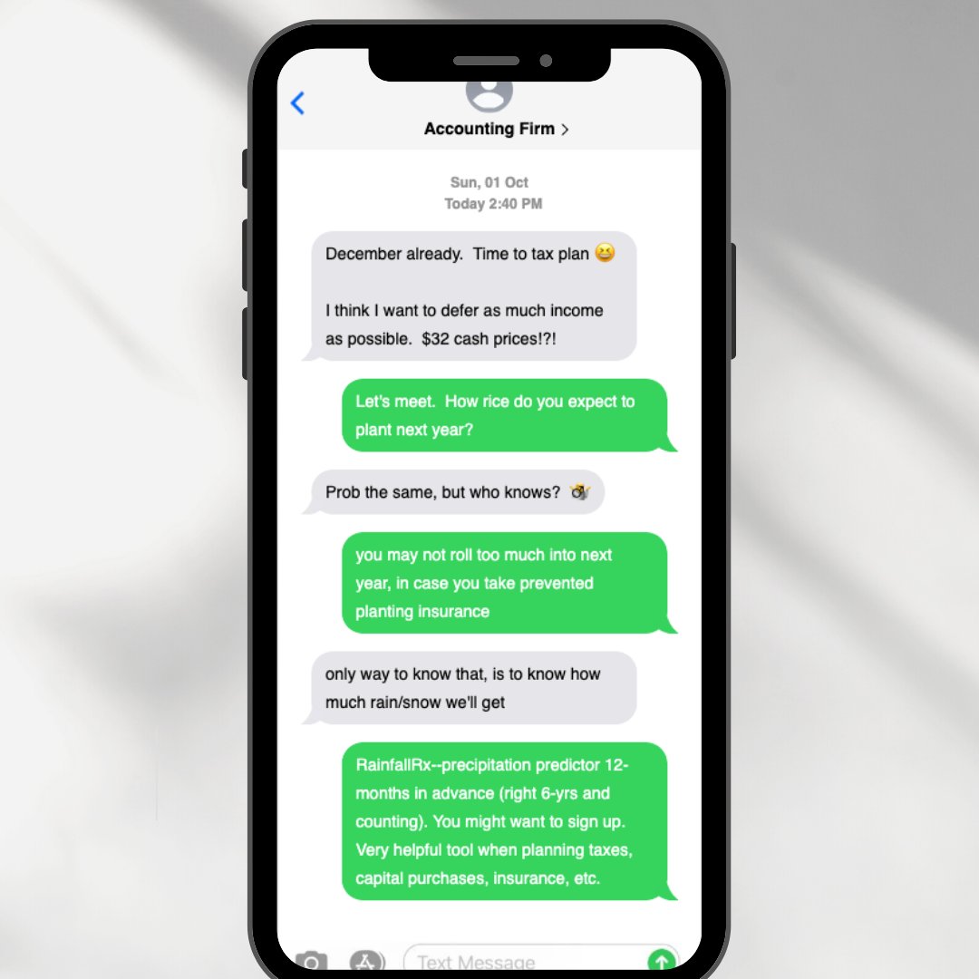 From tax planning to crop management, equipment purchasing to commodity trading... the RainfallRx water year forecast can be applied to any decision carrying rain risk.
