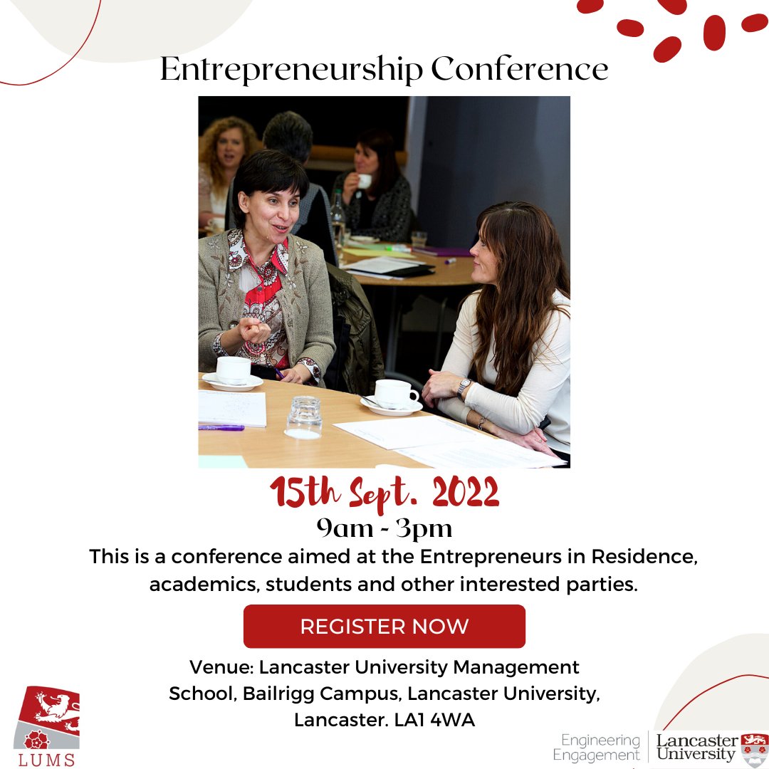 LancsUniLPDU's tweet image. This event will feature guest speakers talking about entrepreneurship, networking opportunities and a profile raising event for the EIR programme and LUMs.
Register online now at: …e-payments.lancaster-university.co.uk/product-catalo…
@LancasterManage
#Entrepreneurship #Networking #LancasterUniversity
