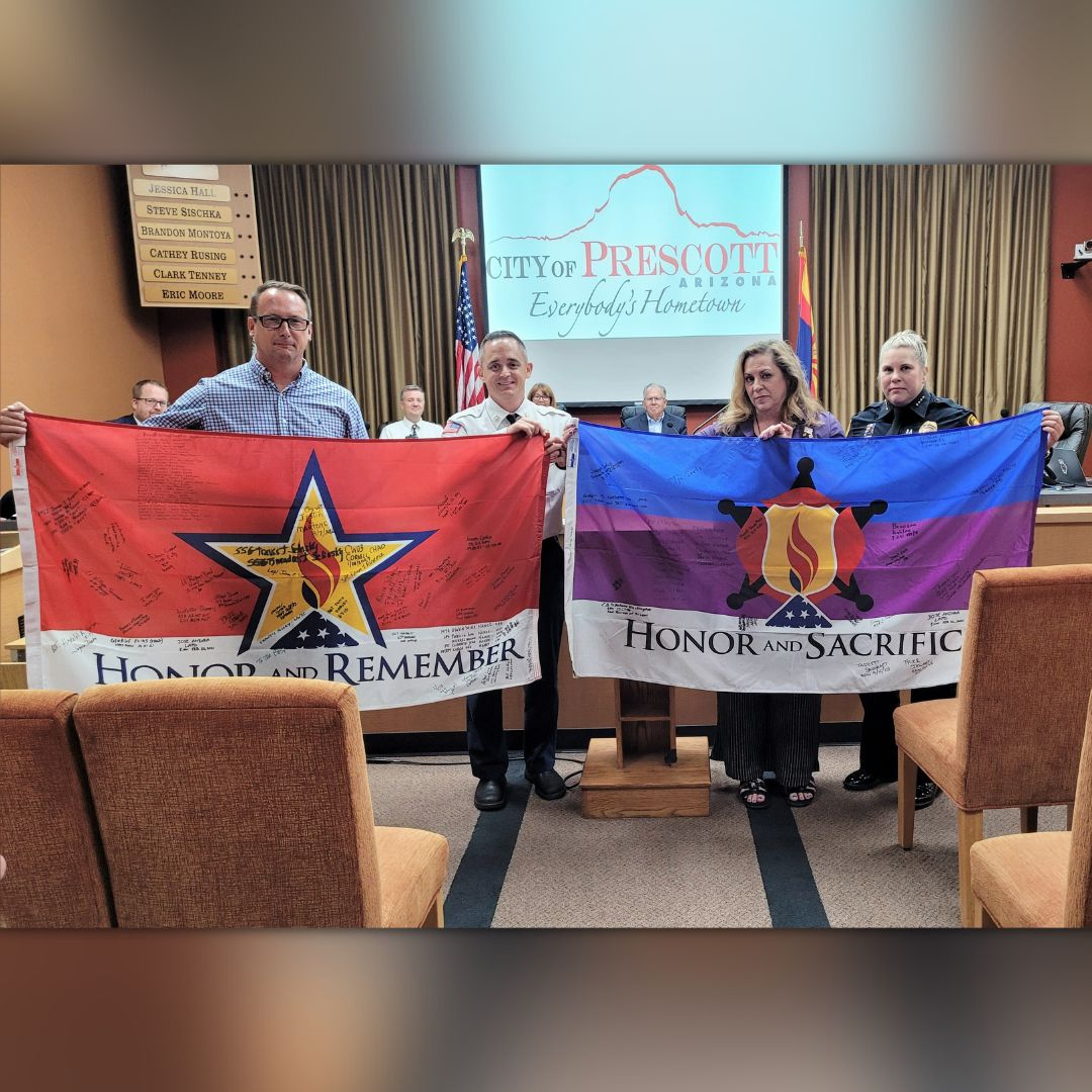 HopeFestAZ's tweet photo. Councilman Brandon Montoya with the Mayor’s Proclamation. The City of Prescott for officially recognizing Sept 10, 2022, as @HopeFestAZ – LOVE First Day! #HopeFestAZDay #LoveFirst #911Memorial #ExperiencePrescott #ArizonaFestivals #PrescottPD #PrescottFire #PrescottMayor #NAZVA https://t.co/24Pz4b6KNP