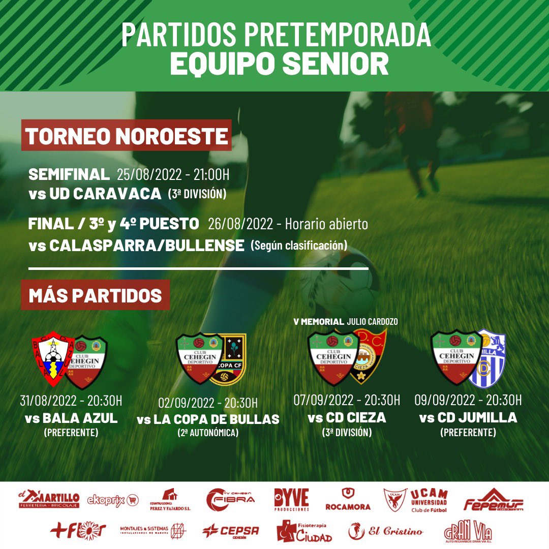 ¡Comenzamos la pretemporada! Hoy primer partido del equipo senior.

⚔️ Torneo del Noroeste
🆚 <a href="/CaravacaUd/">UD Caravaca</a>
🕘 21:00h  
🏟 Antonio Martínez “El Morao”