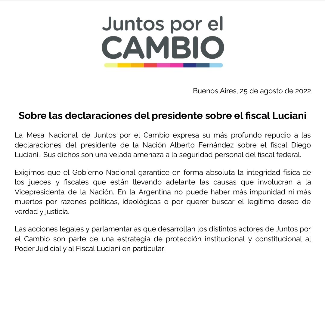 AndresDeLeo's tweet photo. La Mesa Nacional de @juntoscambioar expresa su más profundo repudio a las declaraciones del presidente Alberto Fernández. Sus dichos son una velada amenaza a la seguridad personal del fiscal federal. https://t.co/ENUXhRM7xw
