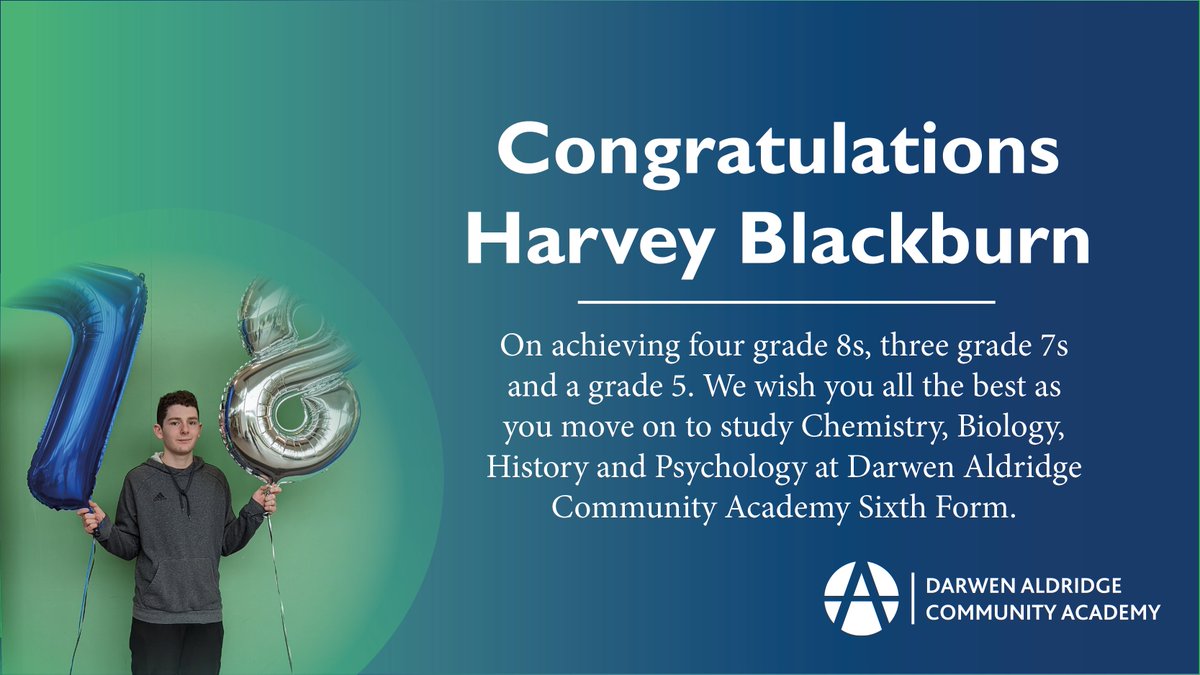 DarwenAcademy's tweet photo. Congratulations Harvey Blackburn on achieving four grade 8s, three grade 7s and a grade 5. We wish you all the best as you move on to study Chemistry, Biology, History and Psychology at @DarwenAcademy Sixth Form.🎉
@aldridgeonline
#gcses2022 #gcseresultsday2022 #GCSEResultsDay https://t.co/MilIAXqp7R