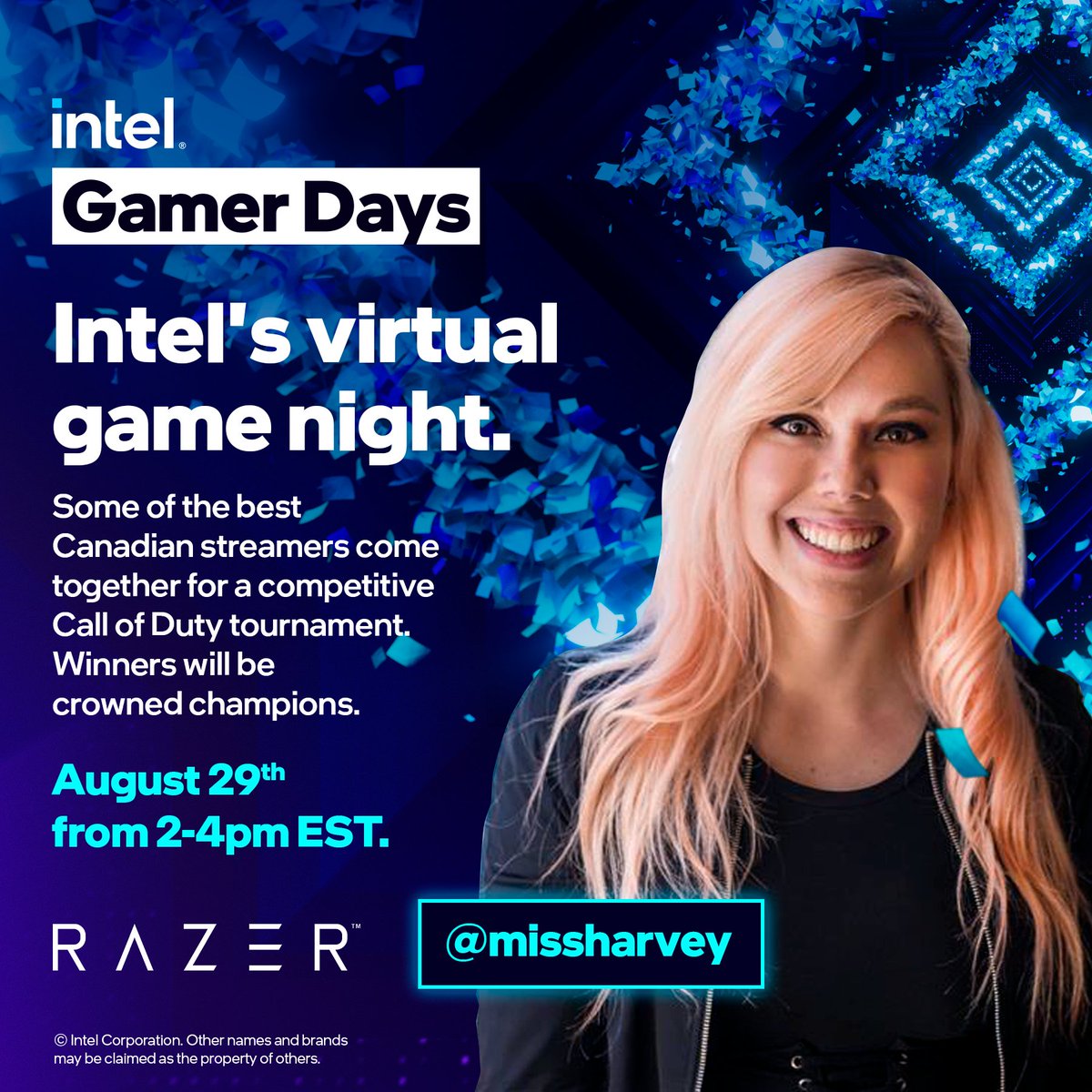 It's officially the beginning of #IntelGamerDays!✨On 8/29 @2-4pm ET, I'll be in a tournament and giving away a Razer Blade 15 laptop & more! Make sure to tune in! You can find this laptop, deals and discounts at gamerdays.intel.ca. @intelcanada @Razer_Canada #IntelPartner