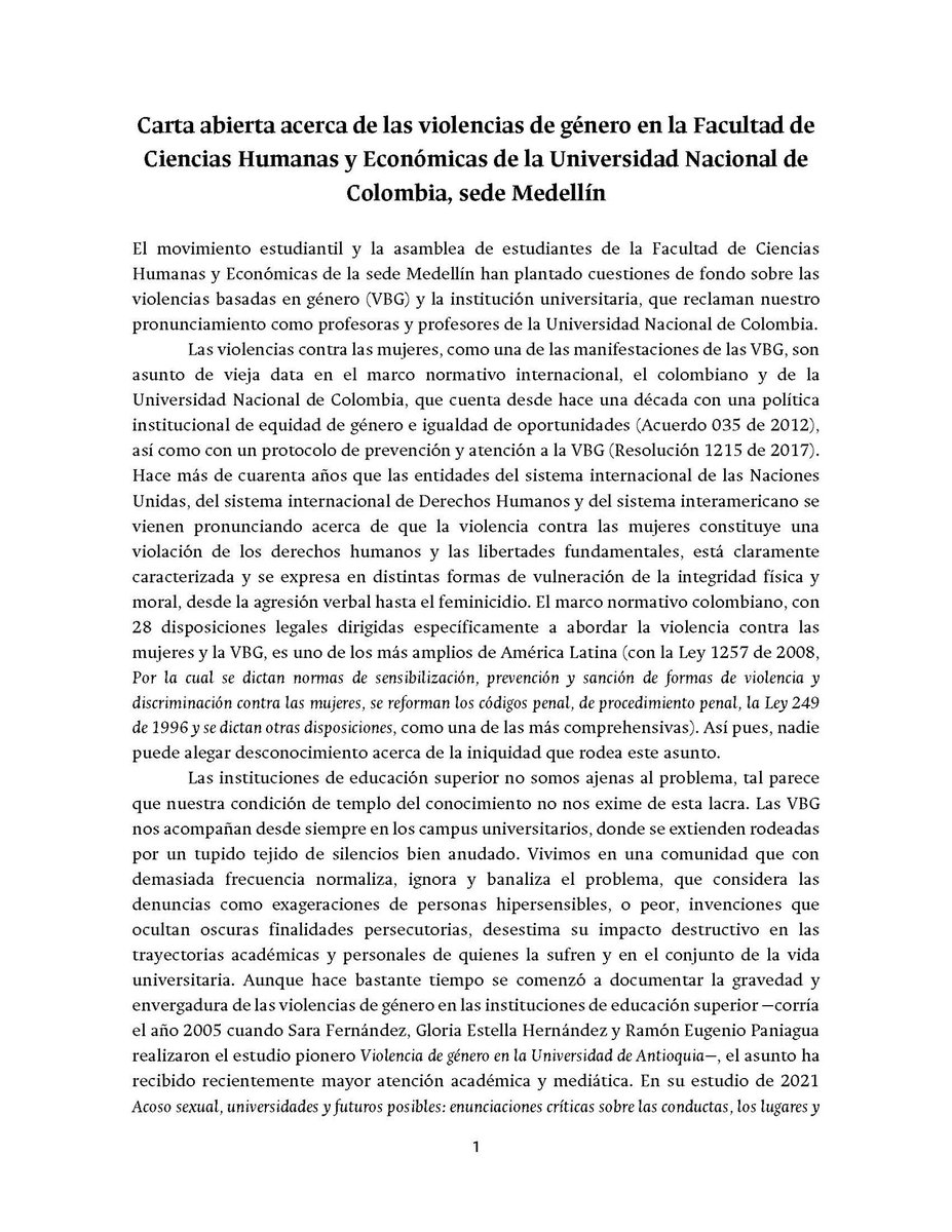 oxcalvo's tweet photo. Carta abierta de profesoras y profesores acerca de las violencias de género en la Facultad de Ciencias Humanas y Económicas de la Universidad Nacional de Colombia, sede Medellín https://t.co/ZQI71No4Kb