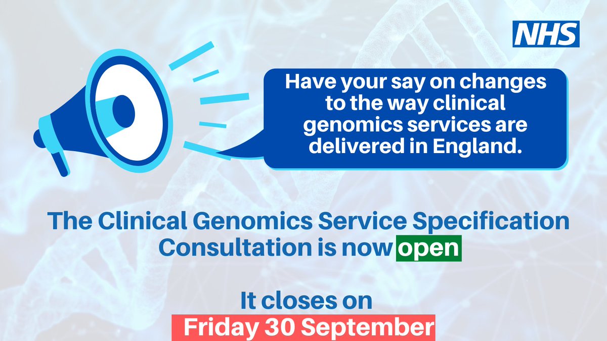NHSgms's tweet photo. We are launching a public consultation on changes to the way clinical genomics services are delivered in England. The consultation opens today and closes on Friday 30 September.

Follow this link for all the details:
https://t.co/hTUnd5po23 https://t.co/BAl5SXiBt2