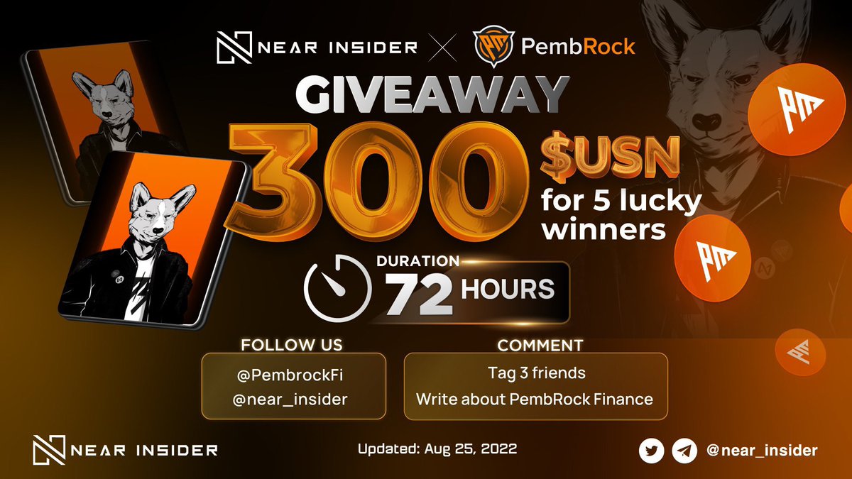 Near Insider (@near_insider) on Twitter photo NEAR INSIDER X PEMBROCK FINANCE #GIVEAWAY
🎁 300 $USN for 5 lucky winners
👉🏻Duration: 72 Hours
👉🏻To enter:
- Like & RT
- Follow <a href="/near_insider/">Near Insider</a> & @PembrockFi
- Tag 3 friends
#NEAR $NEAR NEAR INSIDER X PEMBROCK FINANCE #GIVEAWAY
🎁 300 $USN for 5 lucky winners
👉🏻Duration: 72 Hours
👉🏻To enter:
- Like & RT
- Follow <a href="/near_insider/">Near Insider</a> & @PembrockFi
- Tag 3 friends
#NEAR $NEAR
