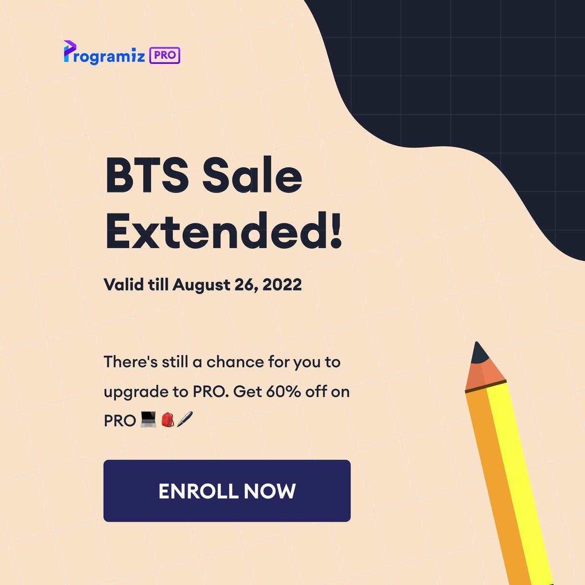 programiz's tweet photo. 🎉🎉Great news for you who missed out on the BTS Sale! 

We have extended it for the next 2 days. There's still time to upgrade to PRO at a 60% discount. 

Start your journey of programming today!🤝💻
Enroll now: https://t.co/QxPugoJzt1

PS. Offer valid till 26th August 2022. https://t.co/qhS24gI53B