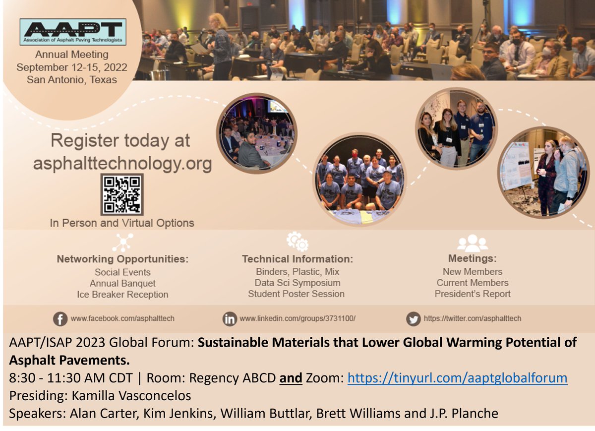 AsphaltTech's tweet image. AAPT is a global organization. The joint @ISAP / AAPT Global Forum this year will be on Sustainable Materials that Lower Global Warming Potential of Asphalt Pavements.   
Global Forum will be broadcast live on Zoom to everyone: us02web.zoom.us/j/87277326744?…
#sustainable #Asphalt