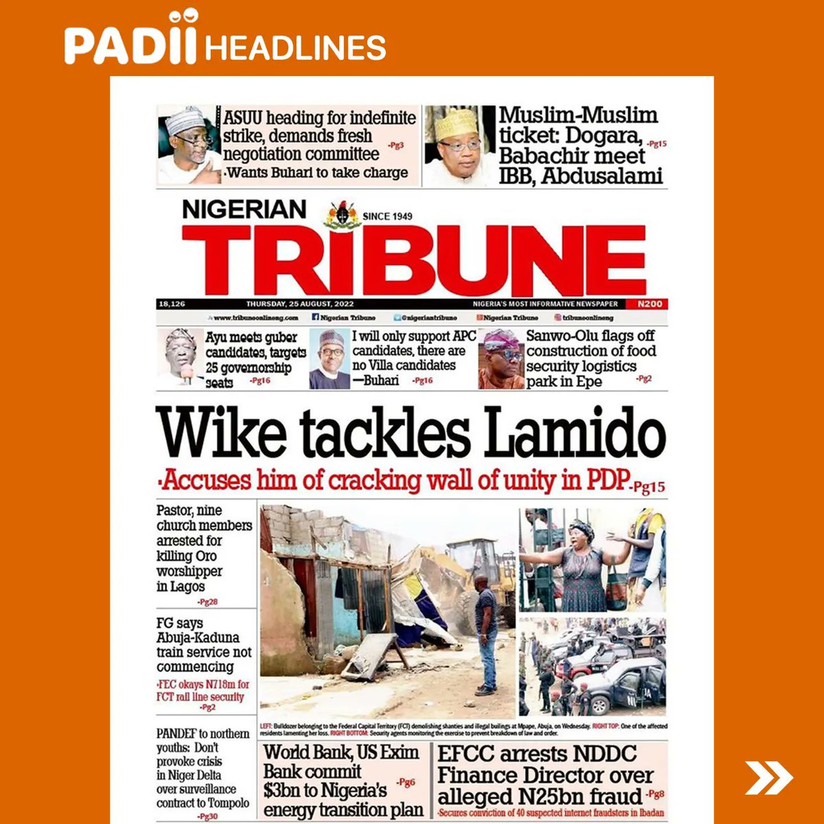 PadiiRadio's tweet photo. Headlines in today's newspapers - Thursday, 25th August 2022.

#PADIIRadio
#PADIIfm
#PADIInews
#news
#headlinenews
#politics
#business
#apcprimaries
#lagos
#nigeria https://t.co/GeXOlYQvrE