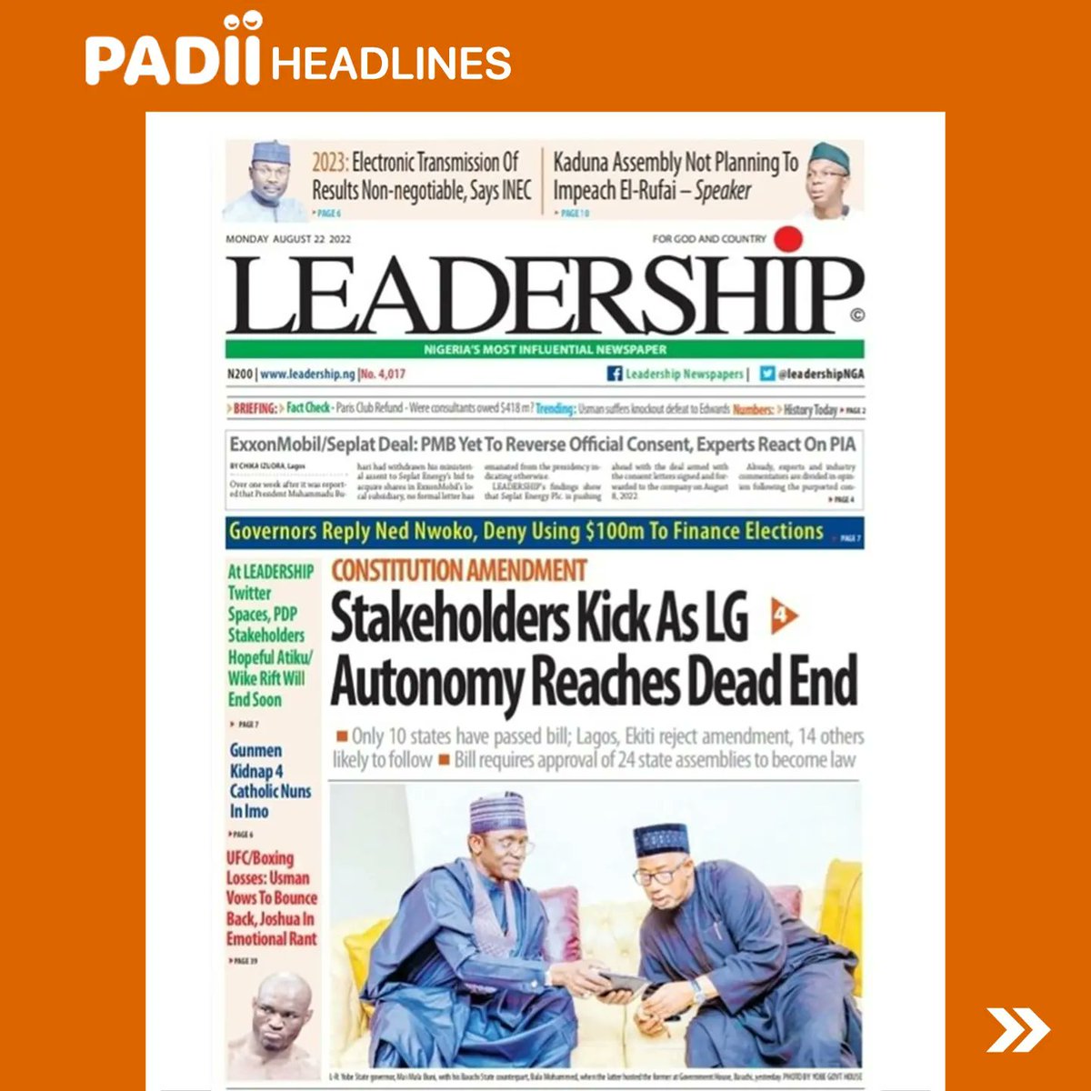 PadiiRadio's tweet photo. Headlines in today's newspapers - Thursday, 25th August 2022.

#PADIIRadio
#PADIIfm
#PADIInews
#news
#headlinenews
#politics
#business
#apcprimaries
#lagos
#nigeria https://t.co/GeXOlYQvrE