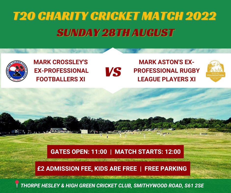 ‼️ THIS SUNDAY - CHARITY T20 MATCH ‼️
<a href="/walkingsbrill/">walkingsbrilliant</a> 🆚 <a href="/SheffieldEagles/">Sheffield Eagles</a> 

🏉 Players include: Mark Aston
<a href="/paulbroadbent8/">paul broadbent</a> Darren Turner
Dale Laughton, John Lawless, <a href="/KeithSenior4/">Keith Senior 🏉</a> Bright Sodje
Waisale Sovatabua

💥FOOD ▪️ OPEN BAR ▪️ KIDS GAMES ▪️ RAFFLE  ▪️ AUCTION 💥