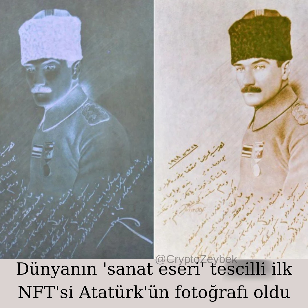 CryptoZeybek's tweet photo. Kültür ve Turizm Bakanlığı'nca tescil belgesi alan NFT #Atatürk fotoğrafı, bir devlet tarafından sanat eseri olarak tescil edilmiş ilk #NFT özelliğini kazandı.

#Bitcoin #Ethereum #Binance https://t.co/ubIW8Y5kfX