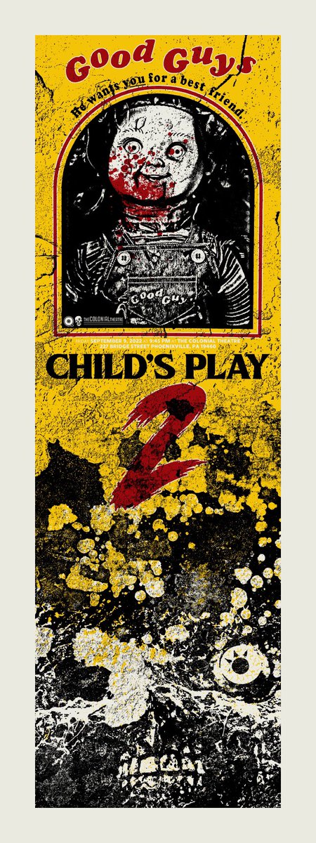 QFSChris's tweet photo. Pissed off, extra crispy Chucky is my favorite, so I’m extremely excited to reveal my official event poster for @colonialtheatre screening of “Child’s Play 2” on September 9th. Show up and we’ll be your friend til the end. @RealDonMancini @celisemccarthy https://t.co/ivAXhosBrB