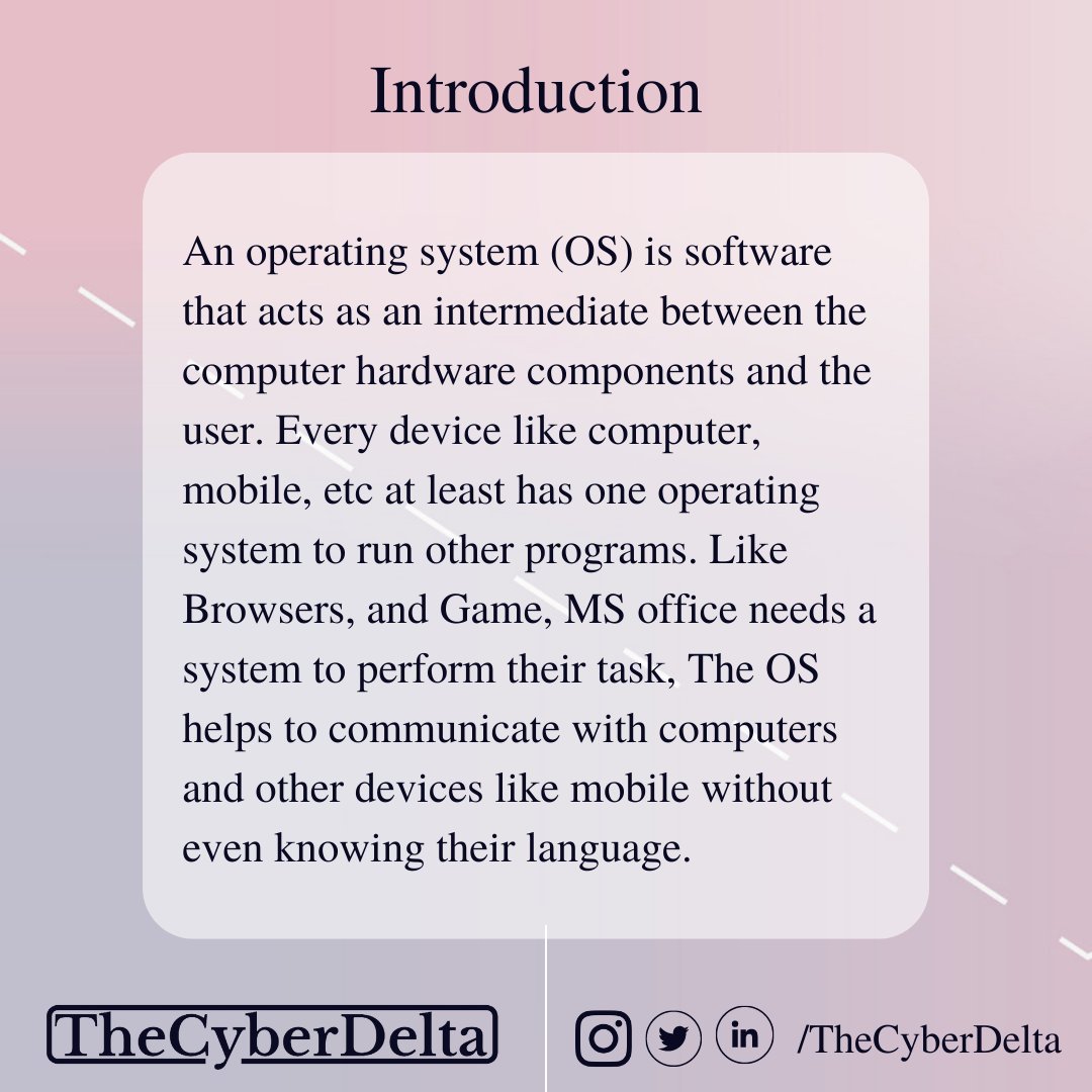 TheCyberDelta's tweet photo. An Operating System (OS) is a software that acts as an interface between computer hardware components and the user.
Swipe Down the Post To Know More 👇👇
Also visit our website for the full article : https://t.co/c7p71tZgfM
#operating #system  #tech https://t.co/kccHqVE50o
