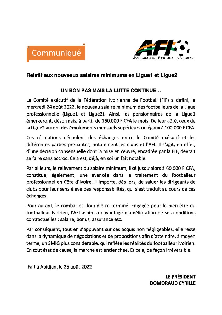 AFI_CI's tweet photo. La réaction de l'@AFI_CI  aux nouveaux salaires de base définis par le comité exécutif de la #FIF en accord avec les clubs. @Domoraud_17 @arudin26 @GervinhOfficial @KoloToure @maxigr04del @GbaneMohamed16 https://t.co/mRylEpOyLc