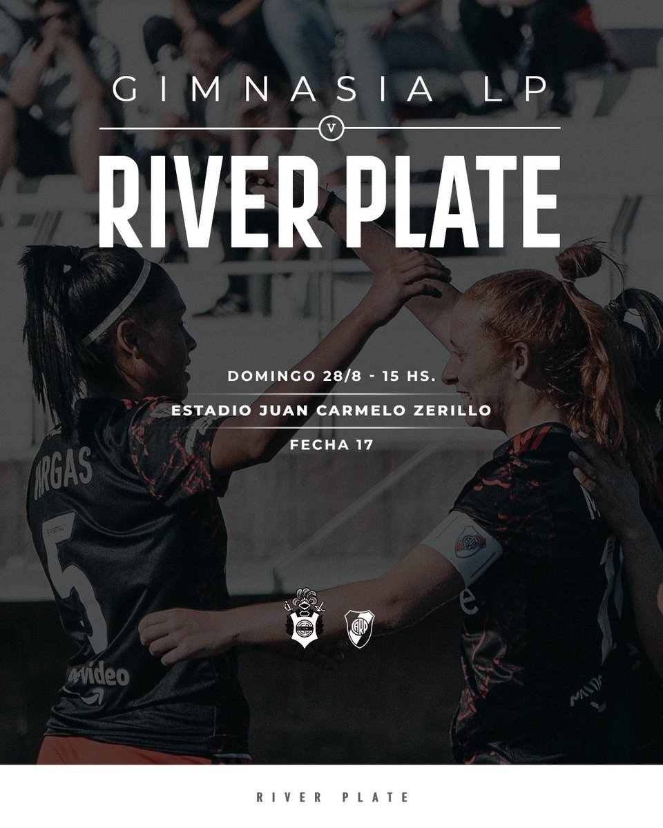 Próximo partido en La Plata 🔜⚽️

📅 Domingo 28/08
🆚 <a href="/FemeninoCGE/">Gimnasia Fútbol Femenino</a> 
🏟️ Estadio Juan Carmelo Zerillo
⌚️ 15hs

#VamosRiver