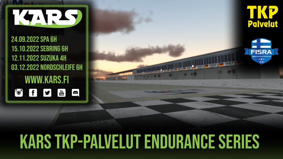 KarsFi's tweet photo. KARS TKP-Palvelut Endurance Series alkaa syyskuussa! 

Mukaan otetaan jälleen 50 nopeiten ilmoittautunutta tiimiä, joten varmistathan paikan tiimillesi nopeasti!

Lue lisää: https://t.co/nrNlqwUkwK

@simracingfi #tkppalvelut #simracingfi #esportsfi #iracing #endurance #simracing https://t.co/ISFjdhDoOC