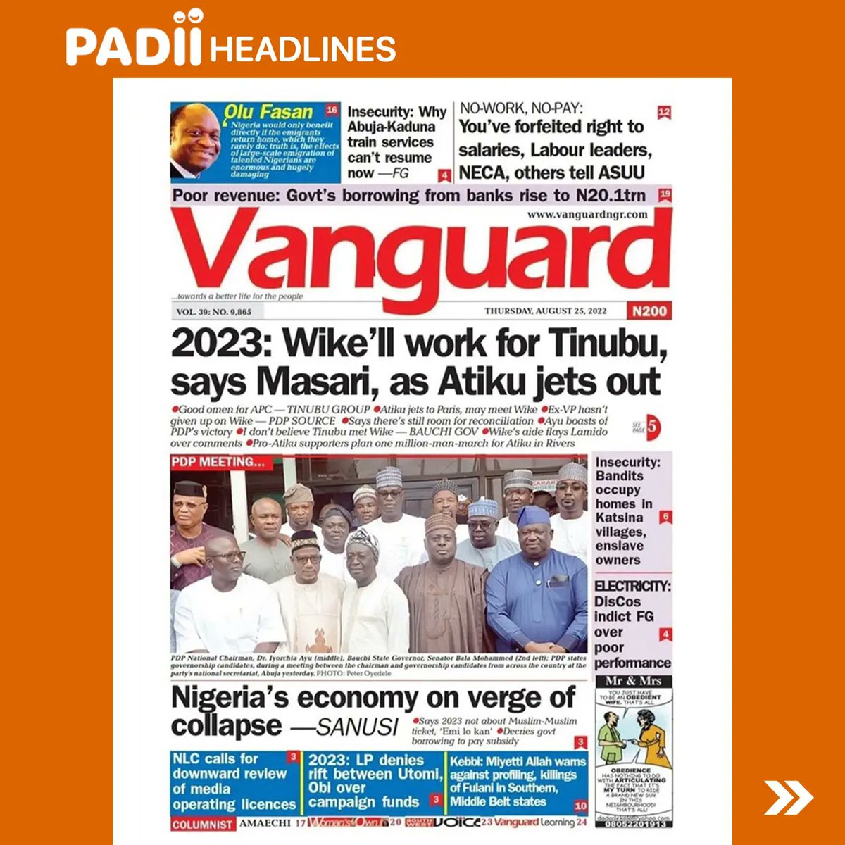 PadiiRadio's tweet photo. Headlines in today's newspapers - Thursday, 25th August 2022.

#PADIIRadio
#PADIIfm
#PADIInews
#news
#headlinenews
#politics
#business
#apcprimaries
#lagos
#nigeria https://t.co/OU5Mg5YswE