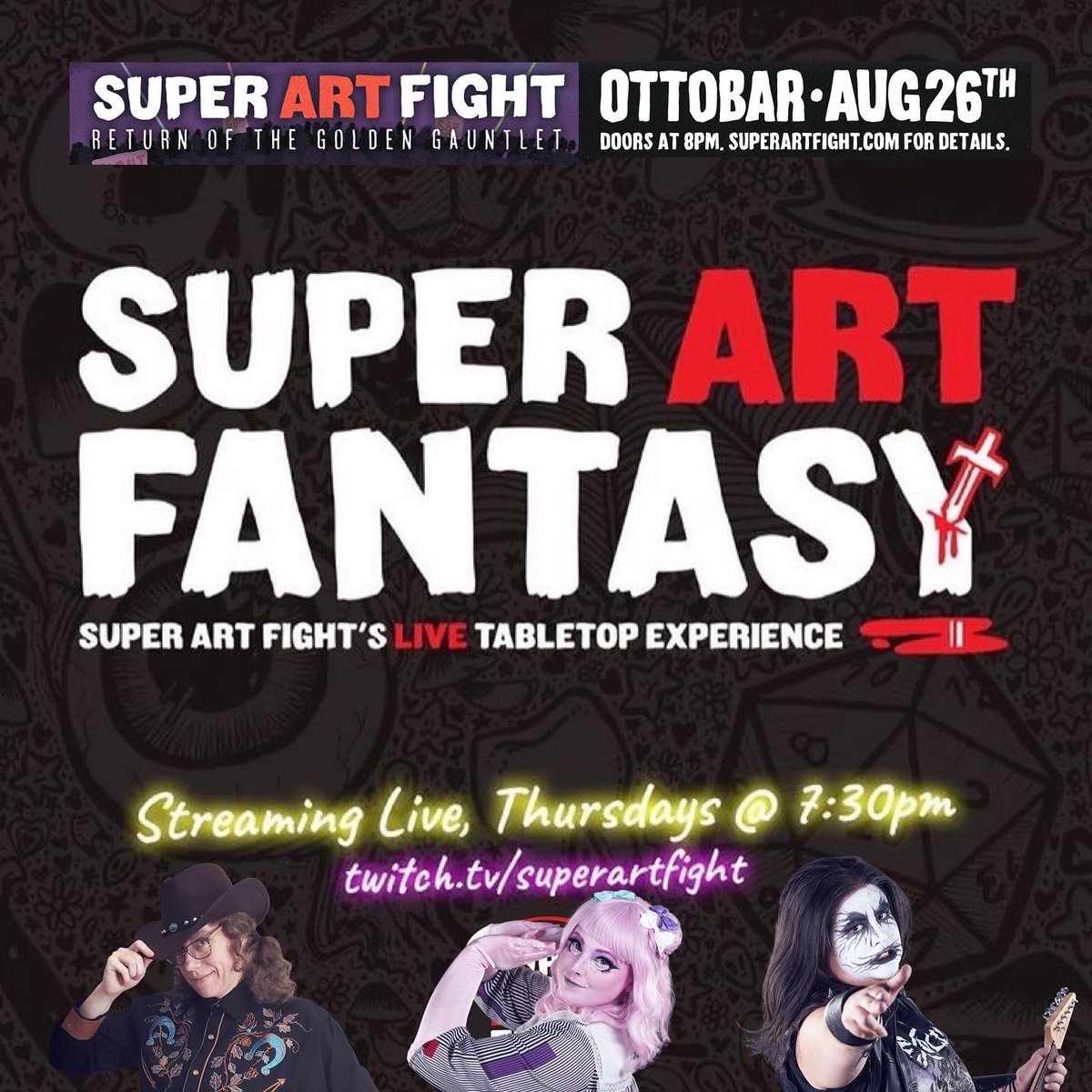 SuperArtFight's tweet photo. BEFORE THE GOLDEN GAUNTLET, THE ADVENTURE CONTINUES ON SUPER ART FANTASY!

On the road to the Ottobar, we swing by Twitch for Super Art Fantasy!

Join us on https://t.co/VtDPI73Bj5 7:30pm Eastern for our LIVE D&amp;D show

#superartfight #safantasy #dnd #theottobar #ttrpg https://t.co/yS7TvO4LQV