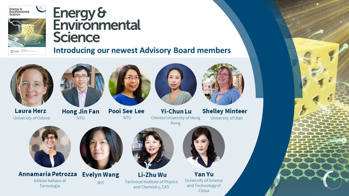 RSC_Energy's tweet photo. We are delighted to celebrate our newest Energy &amp; Environmental Science Advisory Board members. Introducing Laura Herz, Hong Jin Fan, Pooi See Lee, Yi-Chun Lu, Shelley Minteer, Annamaria Petrozza, Evelyn Wang, Li-Zhu Wu and Yan Yu.

Find out more 👇
https://t.co/WXqX2bAHZl https://t.co/pen4v7j6LW
