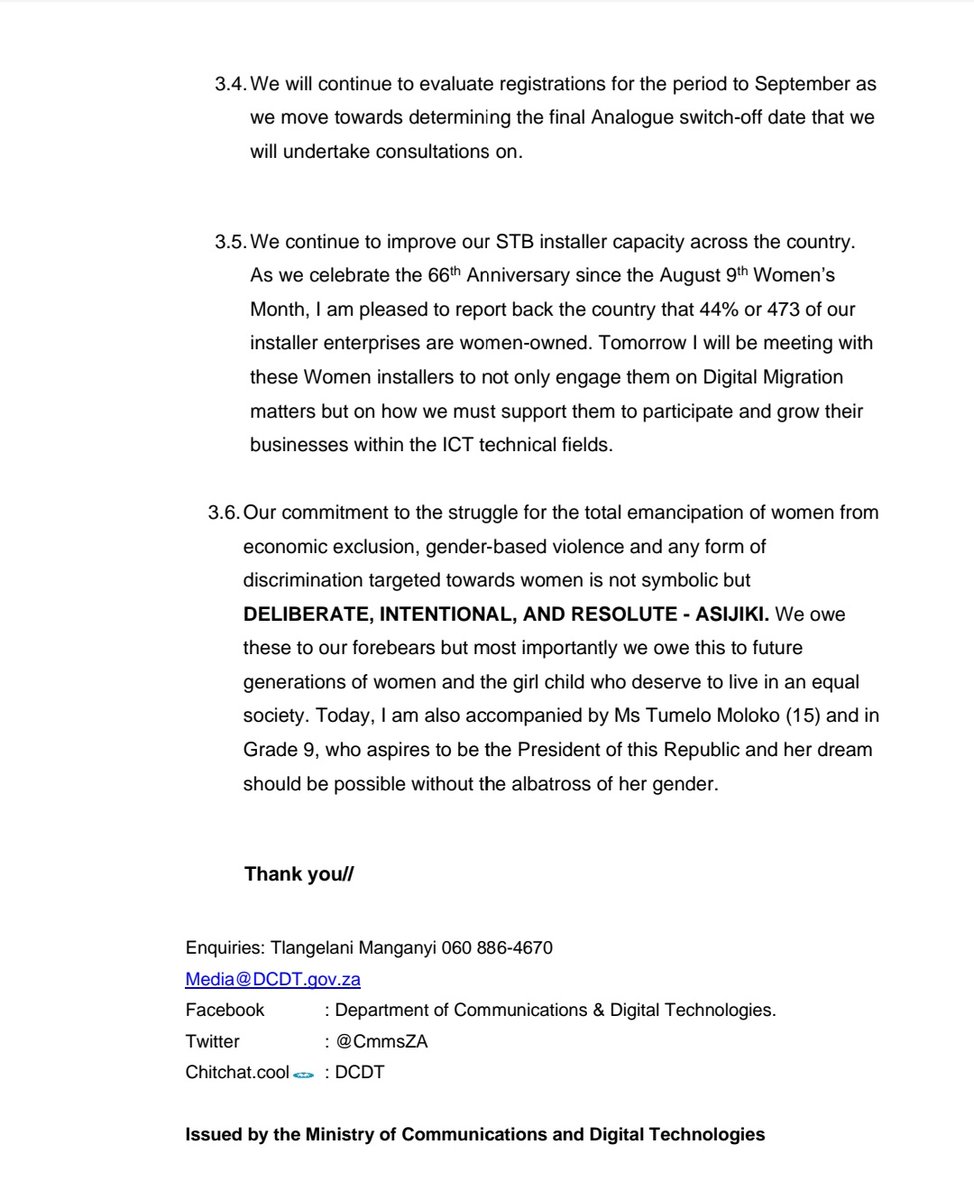 BongekileFilana's tweet photo. Media Statement  by  Minister  of  Communications  and  Digital  Technologies  Honourable @Khu_Ntshavheni  on the progress  made  in Brocast Digital Migration project. https://t.co/phmZ9nnhSB