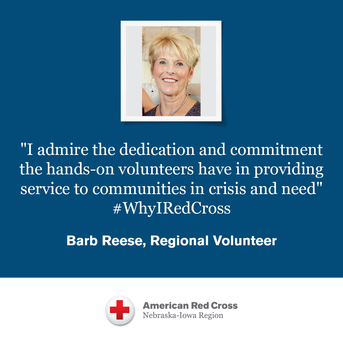 IowaRedCross's tweet photo. Barb is a dedicated volunteer for our Volunteer Services department. She is a Regional Volunteer Services Officer and Volunteer Partner. She is dedicated to ensuring that volunteers have a rewarding experience. Learn about volunteering at https://t.co/6Neo2RdR6l. #WhyIRedCross https://t.co/G8r3YyThR8