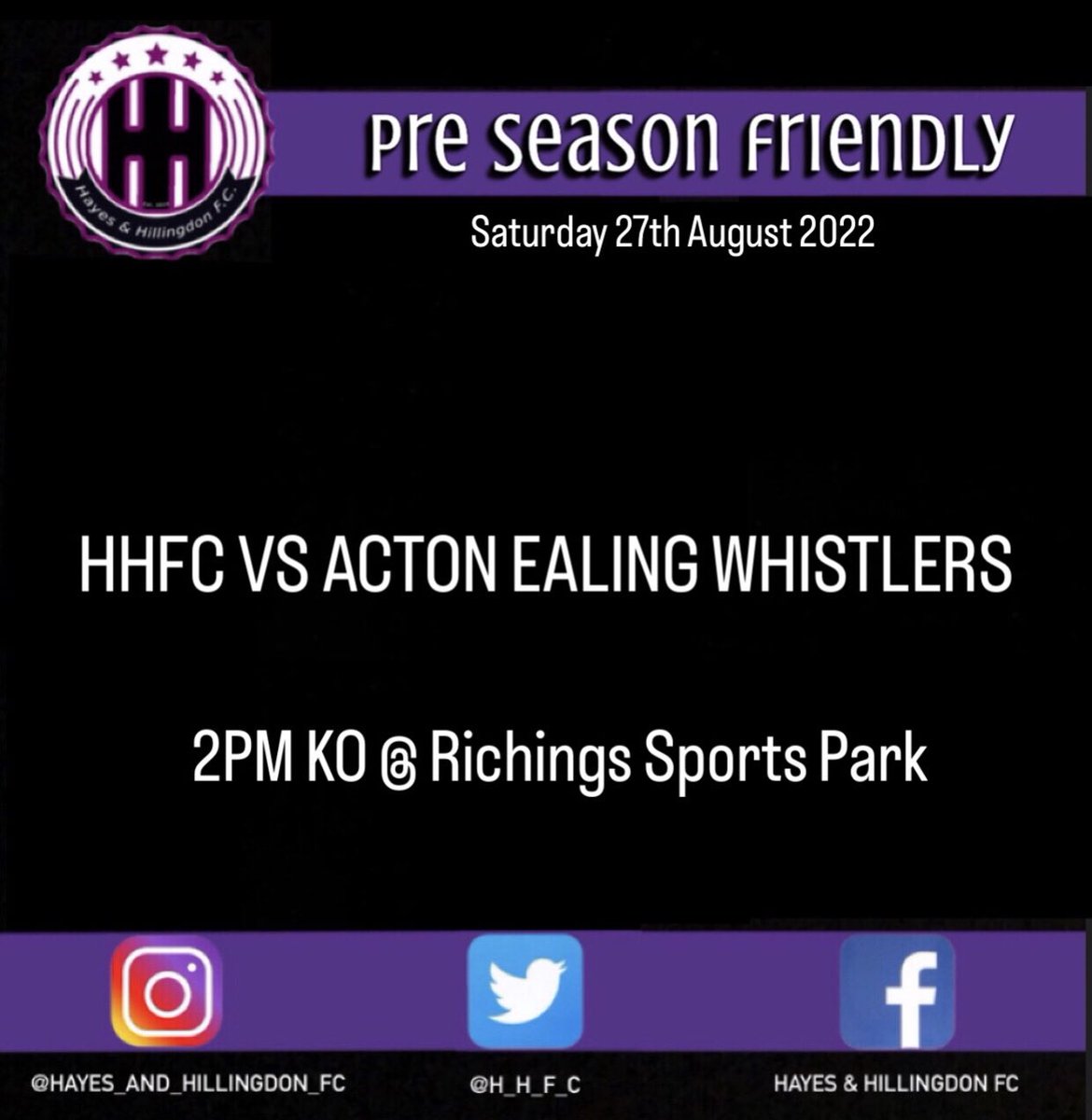 H_H_F_C's tweet photo. Another pre season friendly to bring you this Saturday at home @ Richings Sports Park #HHFC #morethanafootballclub #preseason #friendly #MCFL 💜🖤 https://t.co/42mA6TJU5T