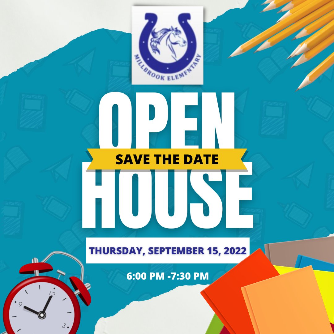 Save the Date: Open House will be held at Millbrook Elementary on Thursday, September 15 from 6 PM - 7:30 PM. #MillbrookPRIDE #OpenHouse #millbrookfamily #SaveTheDate #share
