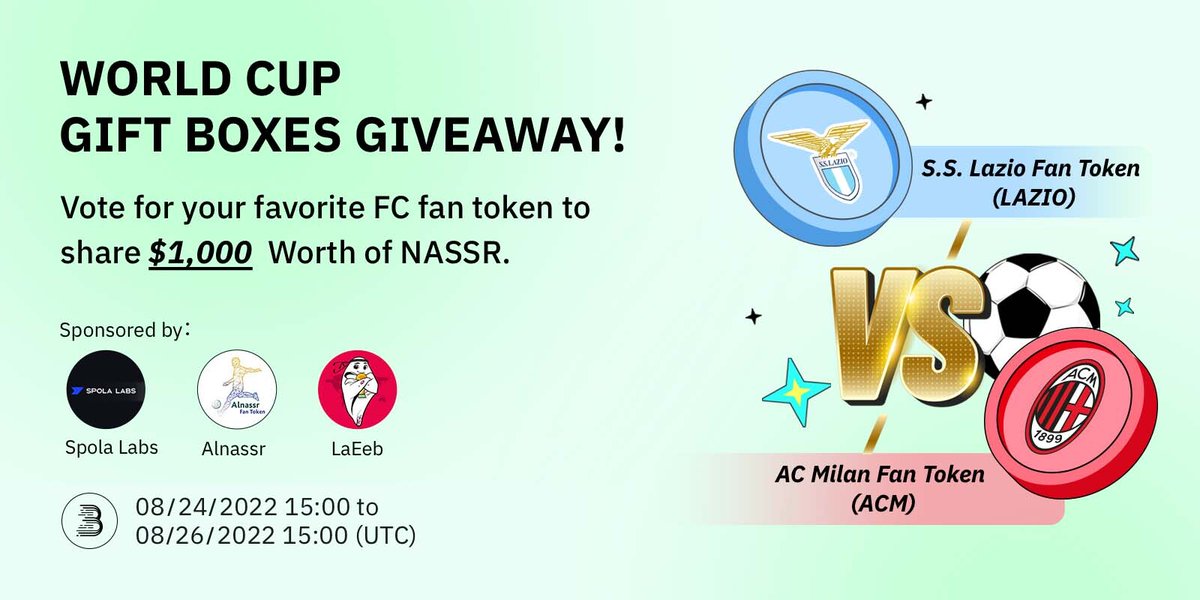 BitMartExchange's tweet photo. ⚽️ S.S. Lazio Fan token (LAZIO) or AC Milan Fan Token (ACM) 
🗳️ Vote for your chance to share a $1k NASSR Airdrop &amp; a 50% discount on the Spola Pass NFT!

✨New Users $20 USDT Extra Bonus✨
1⃣Follow us + RT
2⃣Sign up: https://t.co/e1Z81t3yTw
3⃣Participate: https://t.co/tU8T3jsAS8 https://t.co/bOypkexEus