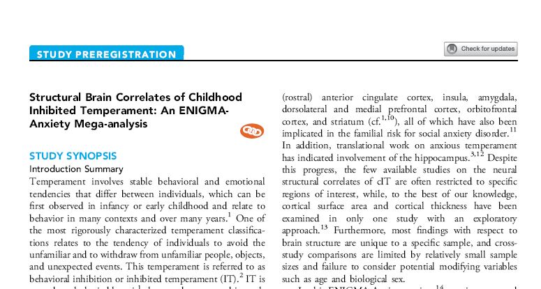JAACAP's tweet photo. #JAACAP #StudyPreregistration: #megaanalysis on structural #brain characteristics related to childhood inhibited temperament, an important risk factor for later (social) #anxiety. @bas_janna @enigmabrains @NWO_SSH @LeidenSocial #registeredreports https://t.co/dnKr3R0PPP https://t.co/6FY1LEy25i