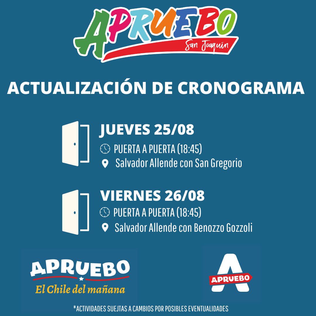 AprueboSJ's tweet photo. 🚨 Actualización de los puerta a puerta 🚪 que quedan para esta semana!

Vamos con todo por el #Apruebo 🅰️ https://t.co/QmtpIsJPhB