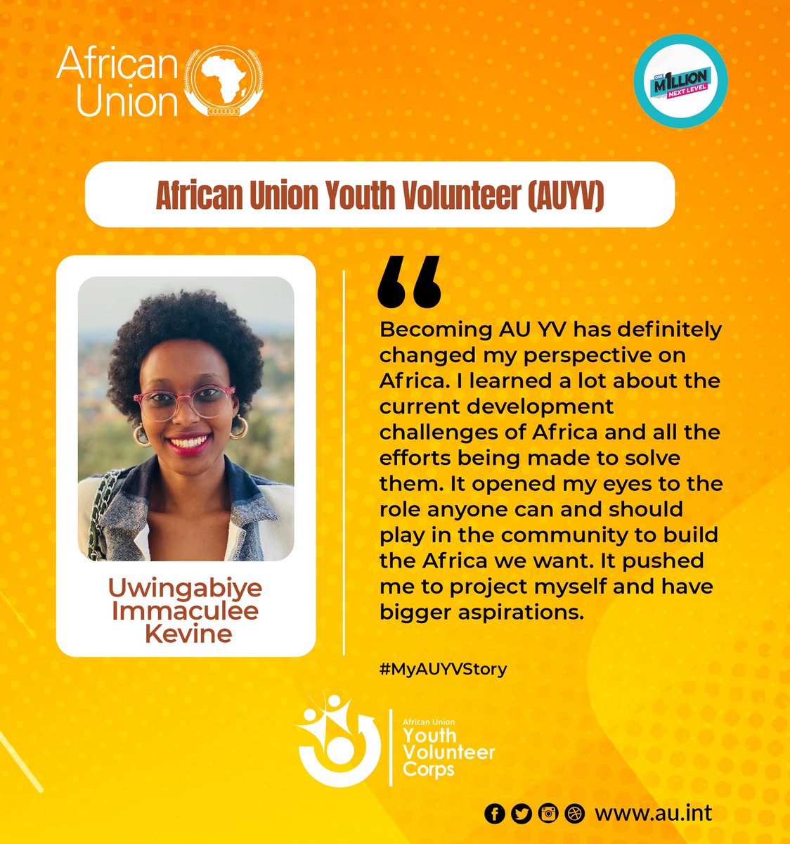 AUYouthProgram's tweet photo. “Becoming an #AUYV has definitely opened my eyes to the role anyone can and should play in their community to build the Africa we want”.~ testimony from Uwingabiye Immaculee Kevine, a former AU youth volunteer. 

Read more on her journey : https://t.co/7lCFCluMlD

#1mNextLevel https://t.co/Dgv2rMNE92