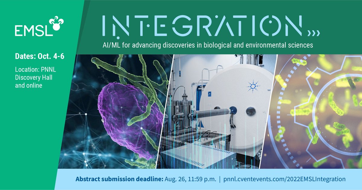 EMSLscience's tweet photo. Deadline tomorrow:  Submit an abstract by 11:59 p.m. PDT on Aug. 26 for the @EMSLScience 2022 Integration meeting: https://t.co/8u1cwQBma2

Abstracts should focus on “Artificial Intelligence/Machine Learning for Advancing Discoveries in Biological &amp; Environmental Sciences.” https://t.co/4zlIhgeJnH