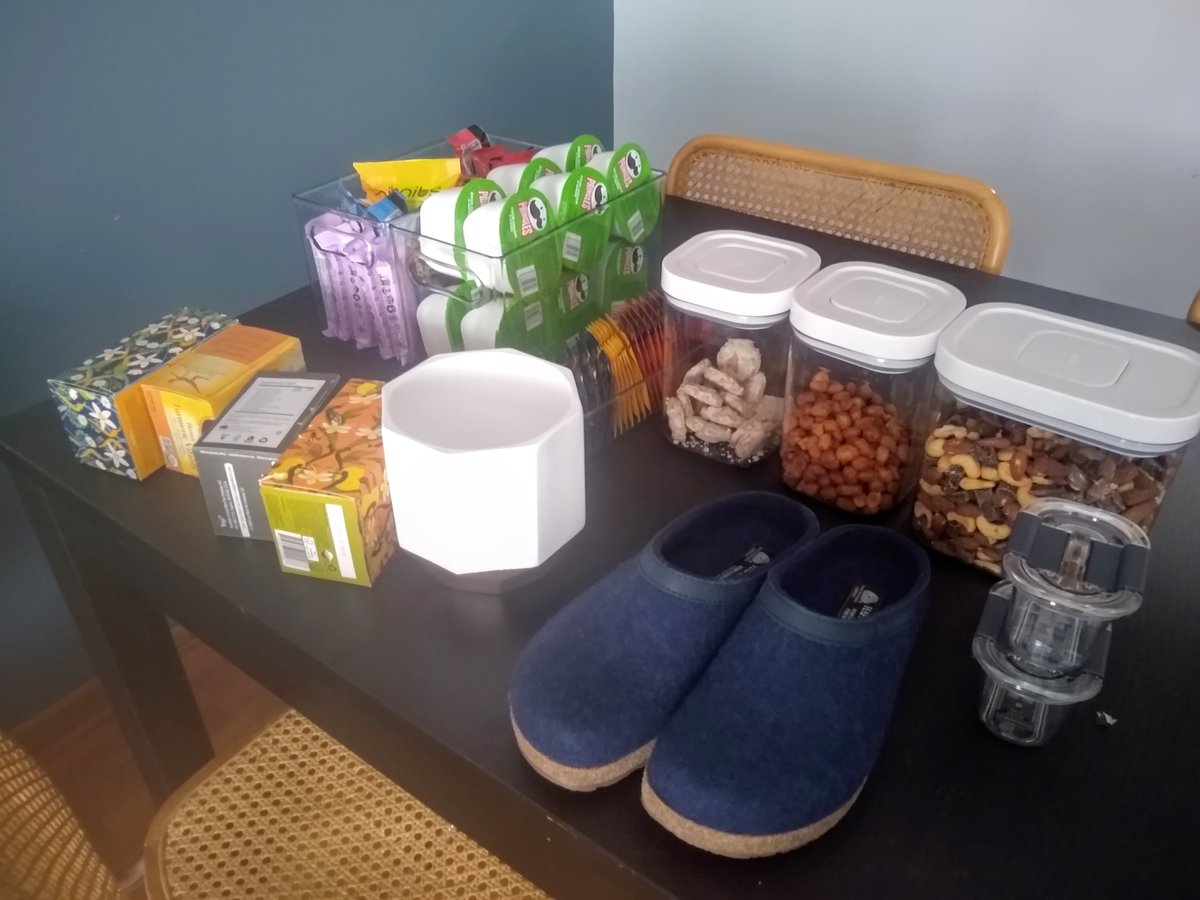 Gearing up for my return from sabbatical with snacks, tea, hausschuhe, and at least the intention to get a plant. Recs for plants that will flourish in my overly warm but also dry office are warmly welcomed!